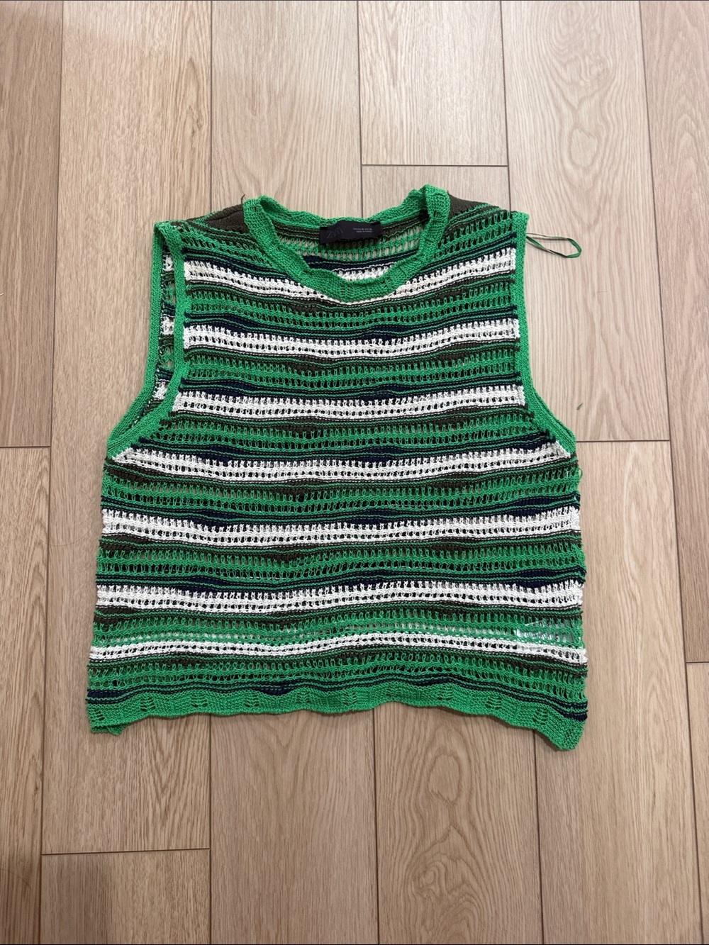 Zara Green, White & Black Striped Crochet Tank